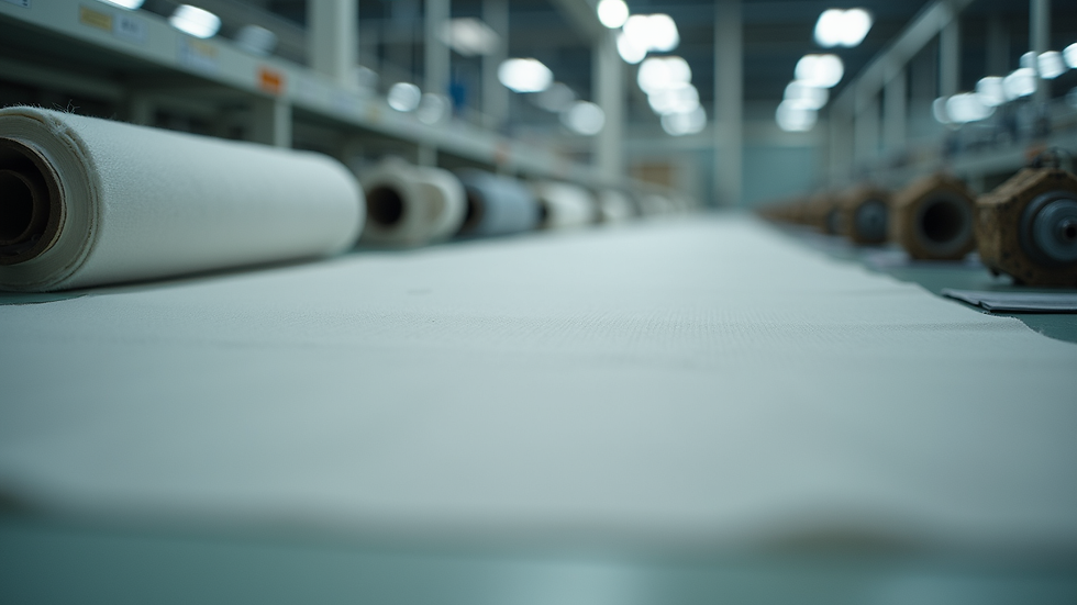 Close-up view of fabric rolls and sewing materials in a garment manufacturing facility