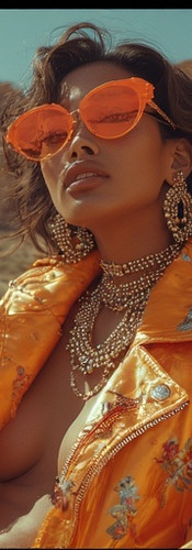 Fashionable woman in orange jacket, sunglasses, gold jewelry in desert.