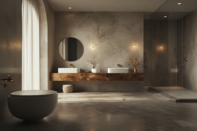High angle view of a contemporary bathroom with glass shower enclosure and wooden accents