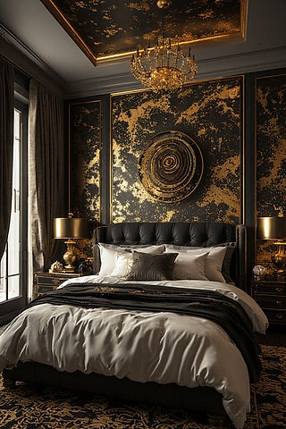 Opulent black and gold luxury bedroom with intricate wall design and chandelier.