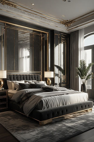 Elegant black and gold luxury bedroom with exquisite wall treatments and modern furniture.