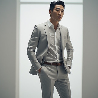 Elegant man in light grey suit and white shirt, hands in pockets.