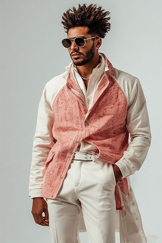 Stylish man in sunglasses, white outfit, and pink textured jacket.