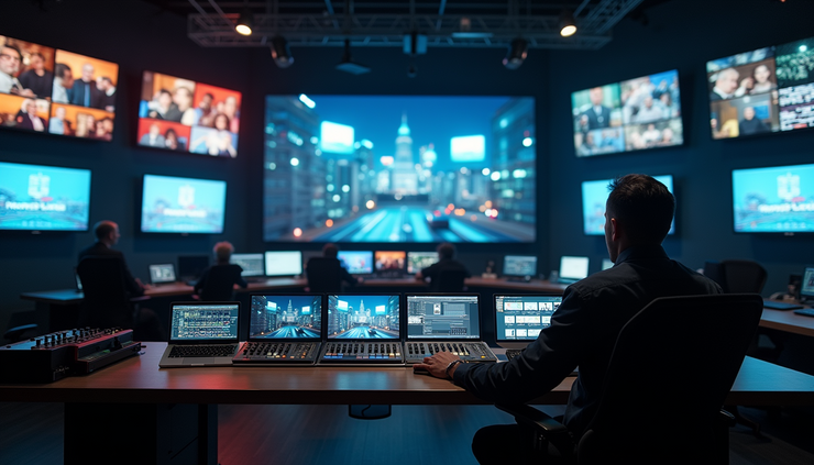 Eye-level view of a streaming setup with multiple monitors and control panels