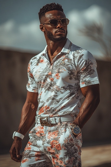 Fashionable man in tropical print shirt, pants, sunglasses, posing outdoors.