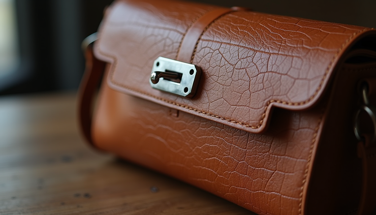 Close-up view of a finished exotic leather handbag showcasing texture and craftsmanship