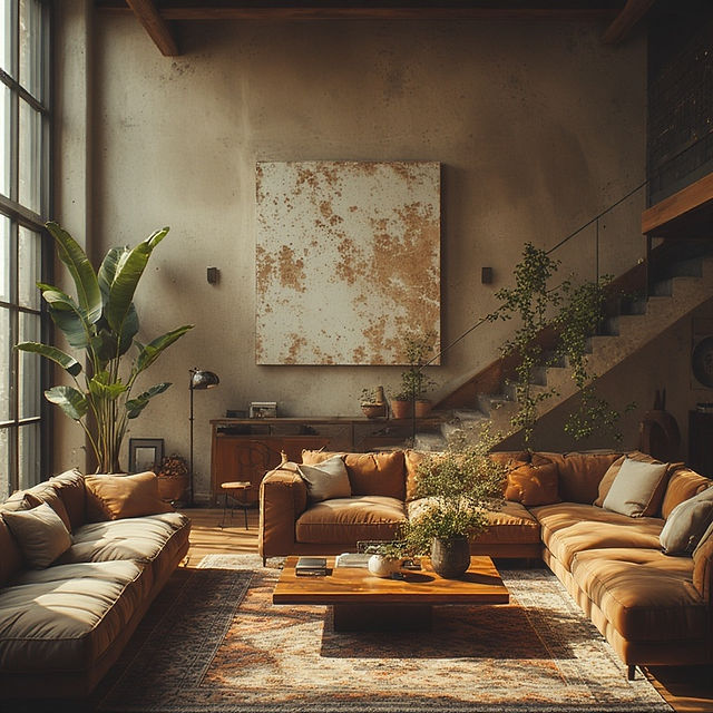 Elegant modern living room, brown sofas, wooden coffee table, plants, stairs.