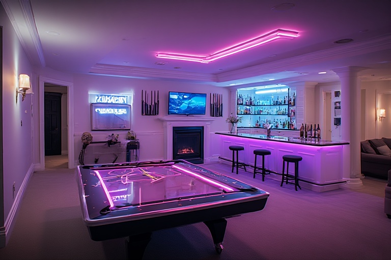 Modern basement entertainment room with pool table, bar, and pink neon lights.