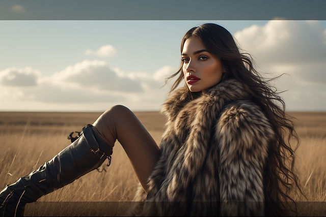 Young woman in fur coat and boots sitting in a golden field.