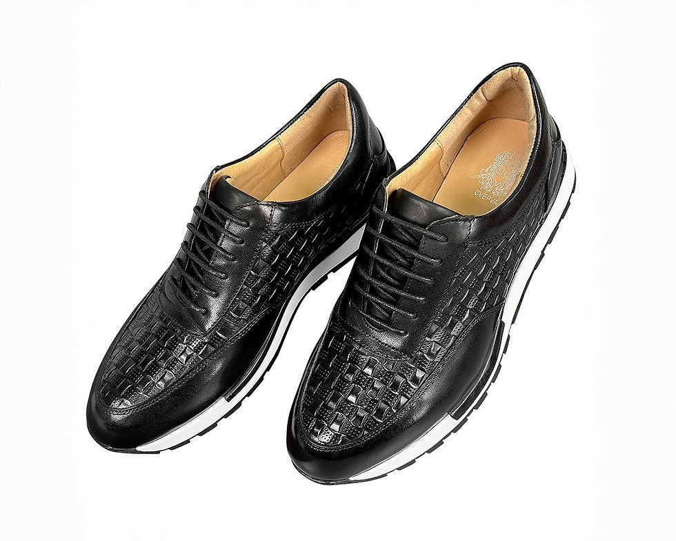 Eye-level view of sneaker sole showing tread pattern and rubber material