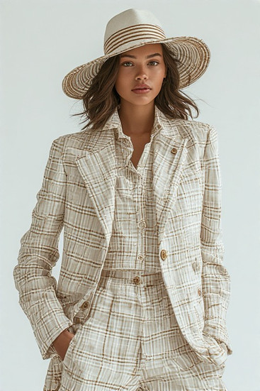 Woman wearing a chic light plaid suit and striped straw hat.