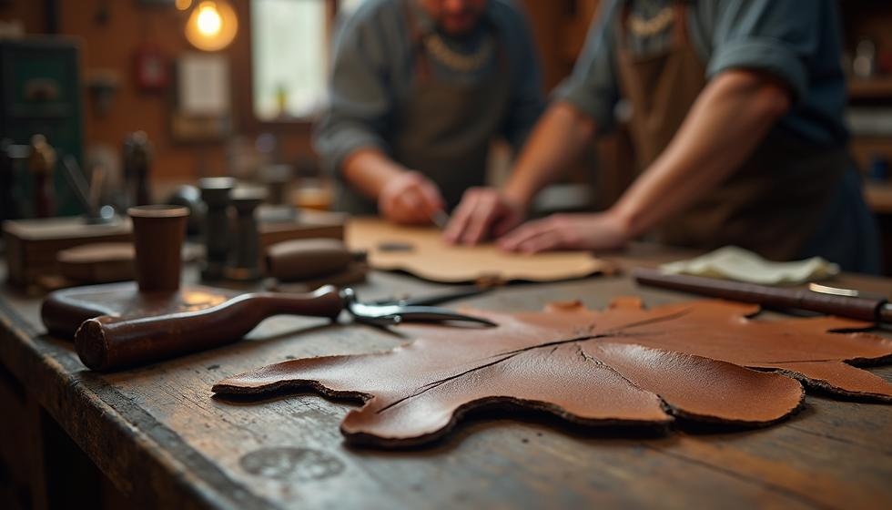 Eye-level view of a leather workshop with exotic leather hides and tools on a workbench