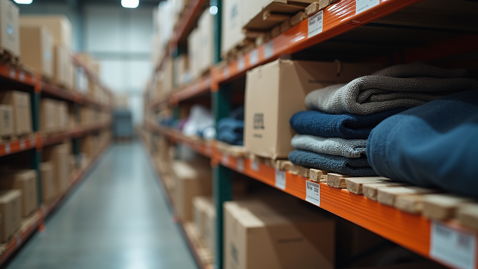 Close-up view of a warehouse shelf stocked with packaged apparel
