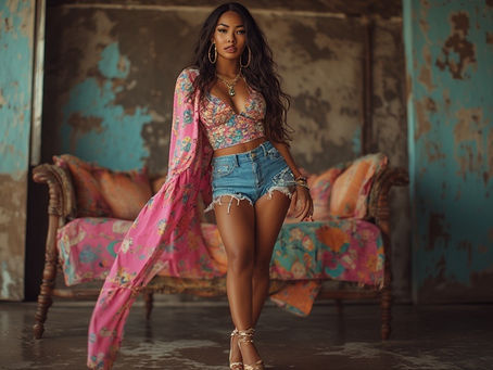 A striking woman in ripped denim shorts poses confidently in a rustic warehouse scene