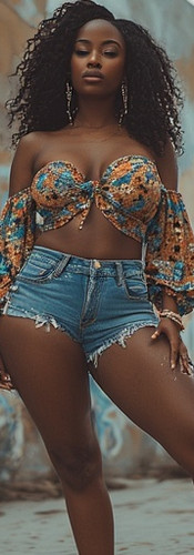 Woman in floral crop top and denim shorts against graffiti wall.