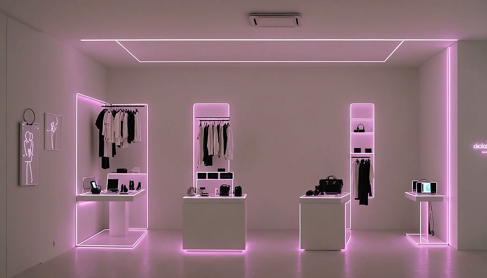 Eye-level view of a modern luxury boutique interior with minimalist design and exclusive products