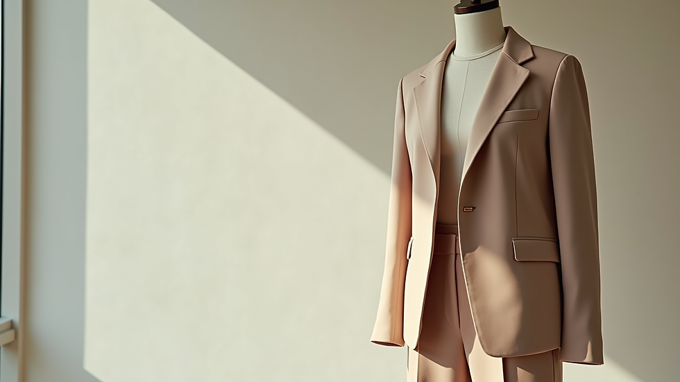 High angle view of a spring outfit featuring wide-leg trousers and a soft blazer on a mannequin