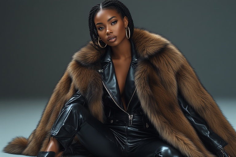 Elegant woman in luxurious brown fur coat and black leather outfit.