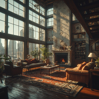 Luxurious high-ceiling living room with fireplace, city view, and comfortable furniture.