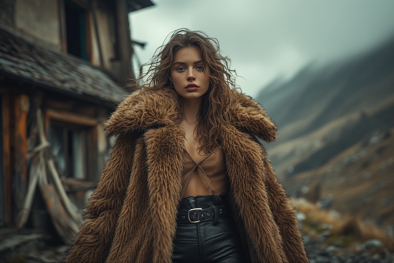 Woman in brown faux fur coat outside rustic building, cloudy mountains.