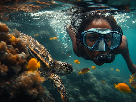 Turtle swimming in the water with snorkeler in Praia Jalé