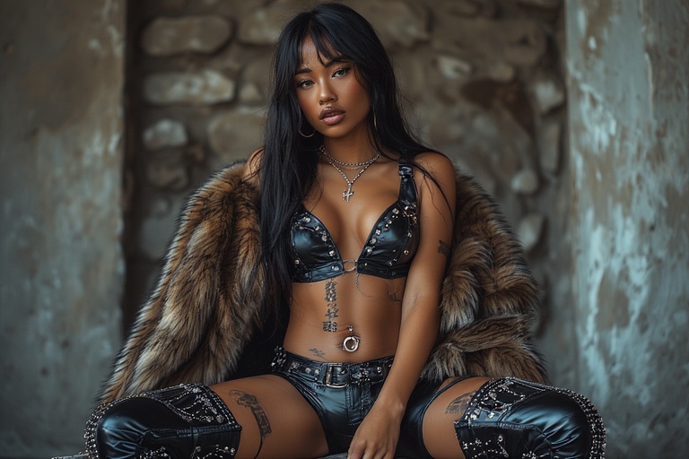 Young woman in leather outfit and fur coat sitting against stone wall.