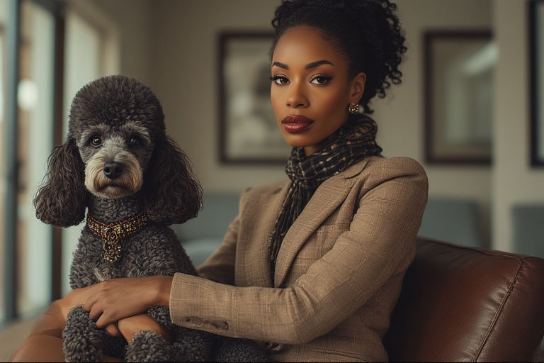 Sophisticated woman sitting with her poodle.