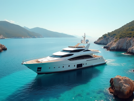 Sleek white yacht anchored near rocky coastline for a weekend getaway