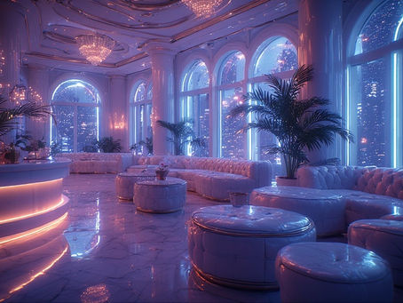 Modern lounge bar with artistic decor and ambient lighting