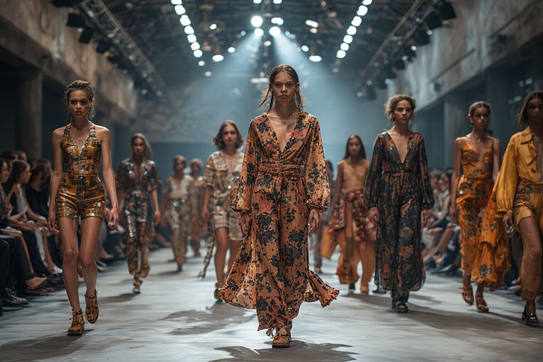 Eye-level view of a classic Chanel boutique interior with vintage couture dresses