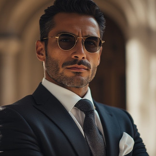 Confident man wearing dark suit, sunglasses, looking intently outdoors.
