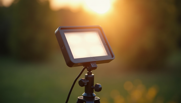Close-up of ultra-portable LED panel mounted on a tripod outdoors