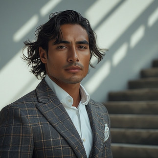 Man in plaid suit jacket, serious expression, diagonal shadows background.