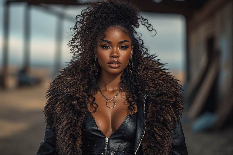Beautiful Black woman with curly hair wearing fur-collared leather jacket outdoors.