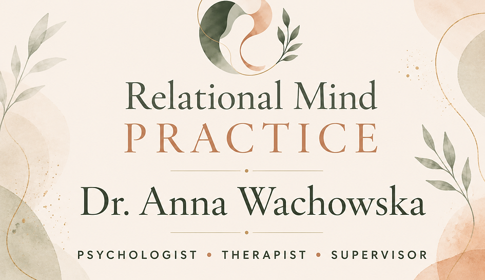 RelationalMind Practice logo with Dr Anna Wachowska, HCPC-registered Counselling Psychologist, Therapist and Supervisor.