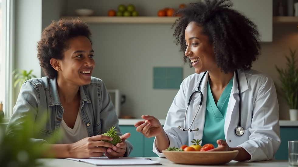 Close-up view of a health worker explaining nutrition facts to a community member
