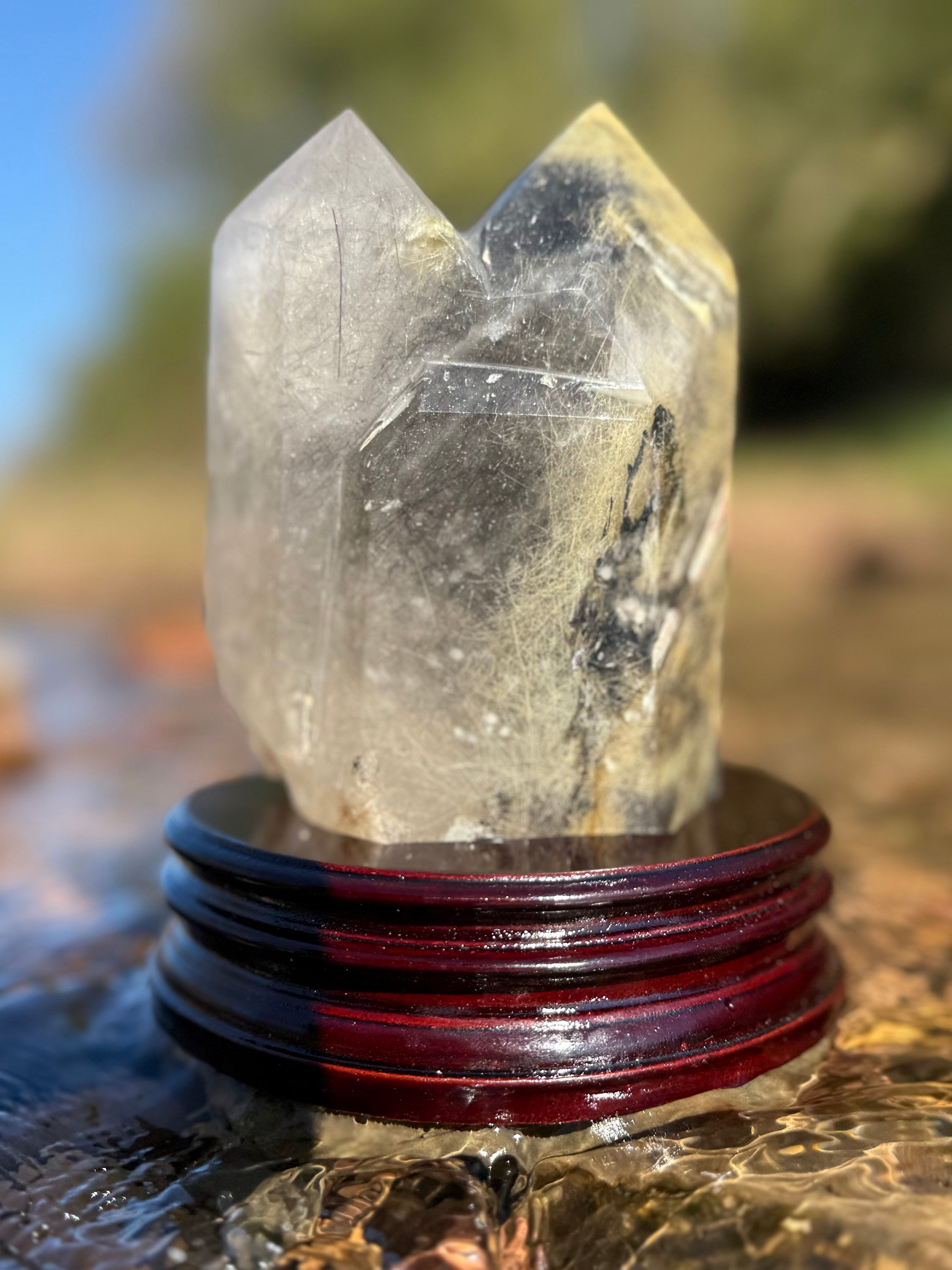 Golden Rutile and Black Rabbit Hair Quartz Display Piece in Custom Stand