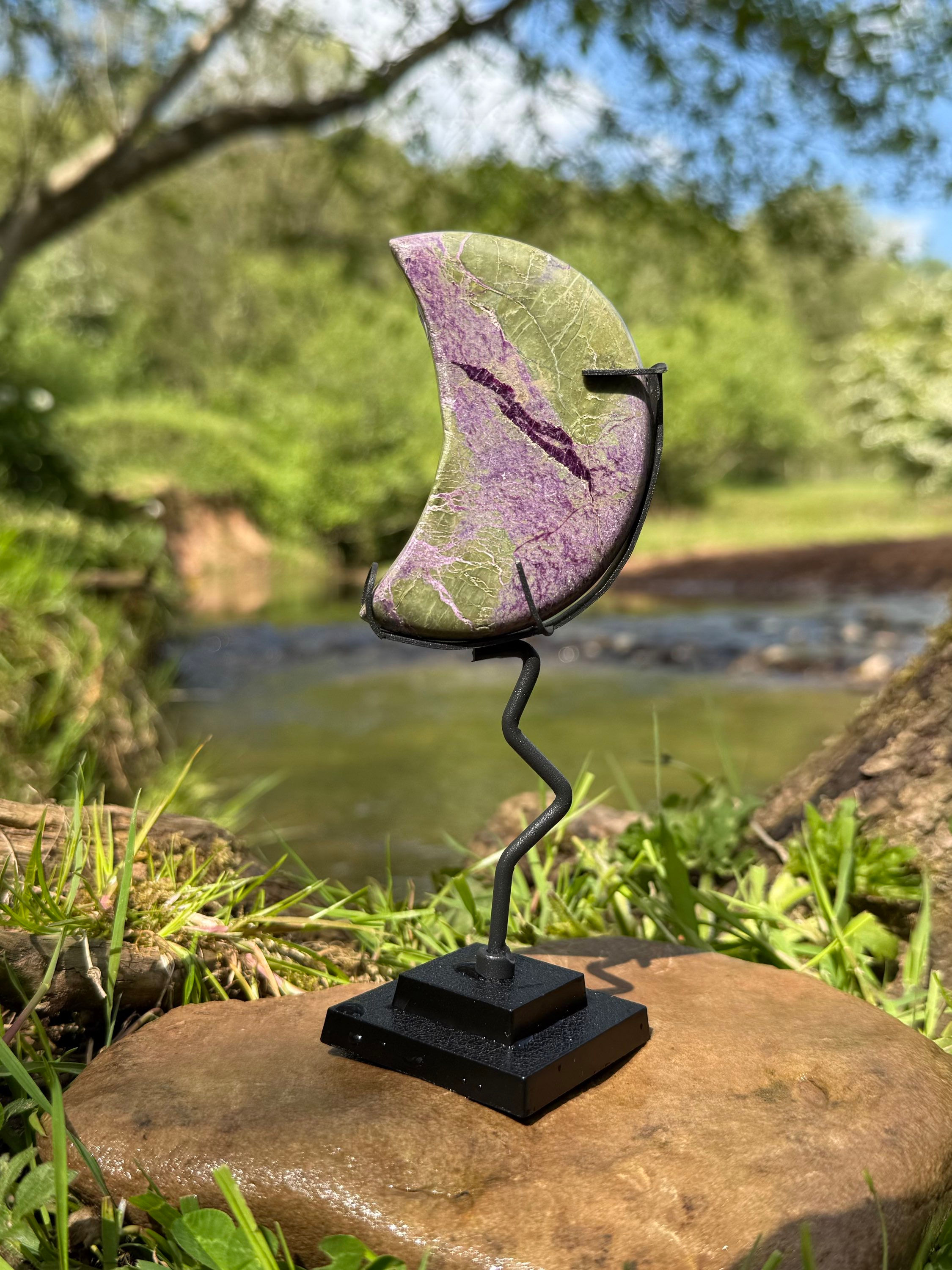 Stichtite and Serpentine Atlantisite Crescent Moon in Stand 