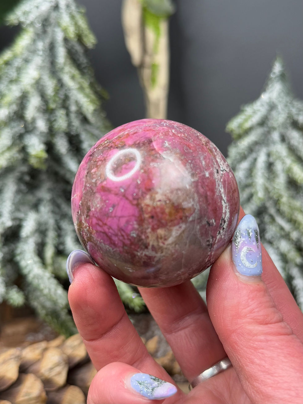 Thumbnail: Cobaltoan Calcite Rose Calcite Sphere with Malachite Inclusions 