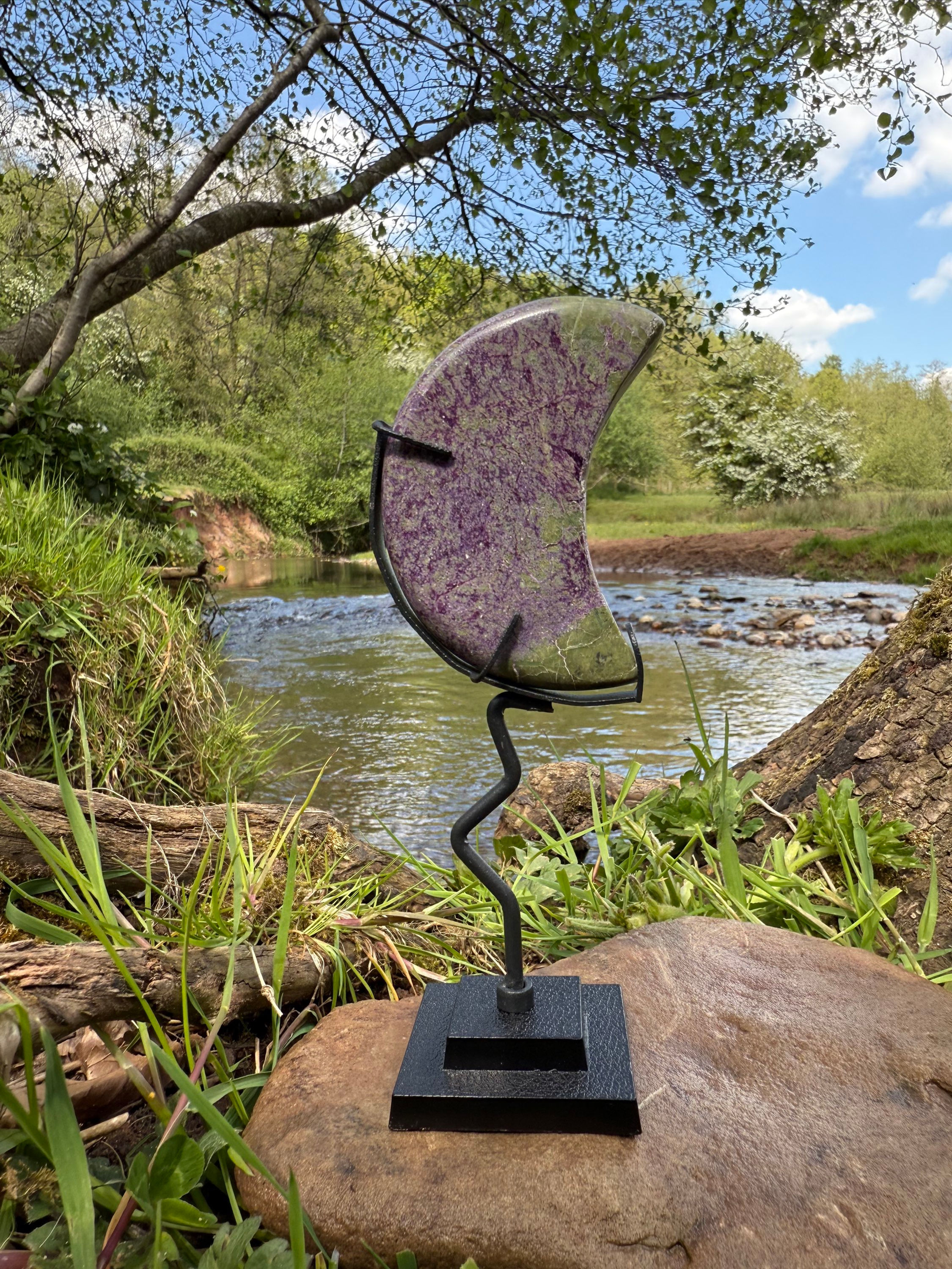 Stichtite and Serpentine Atlantisite Crescent Moon on Stand