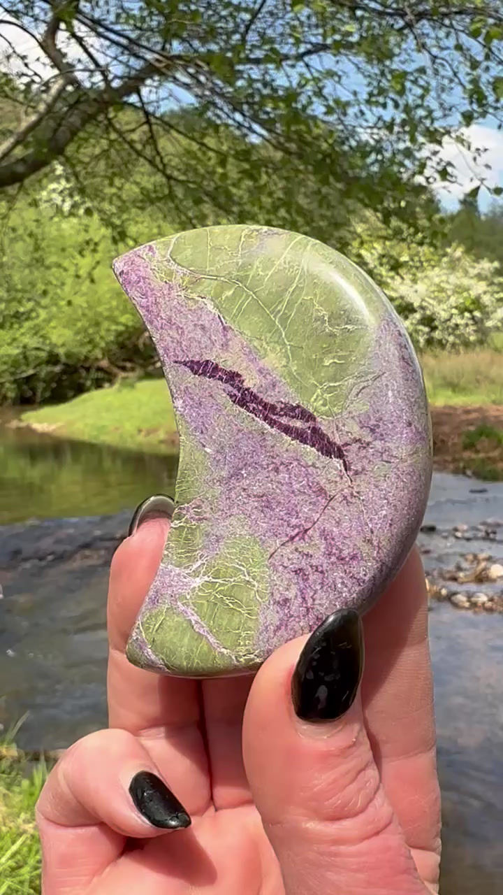 Thumbnail: Stichtite and Serpentine Atlantisite Crescent Moon in Stand 