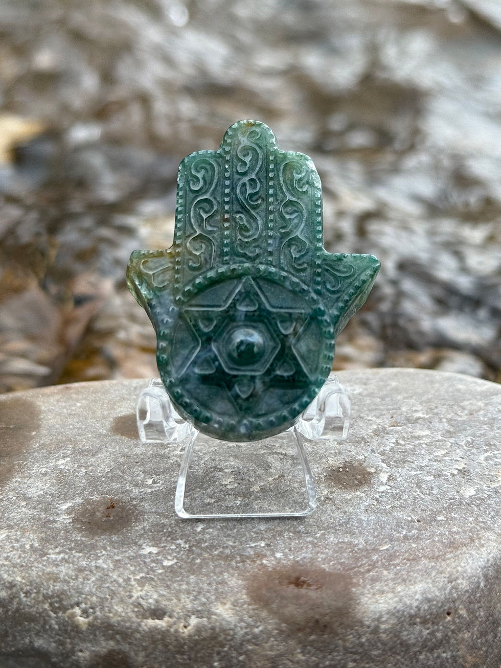 Thumbnail: Moss Agate Hamsa Hand Connect with Nature