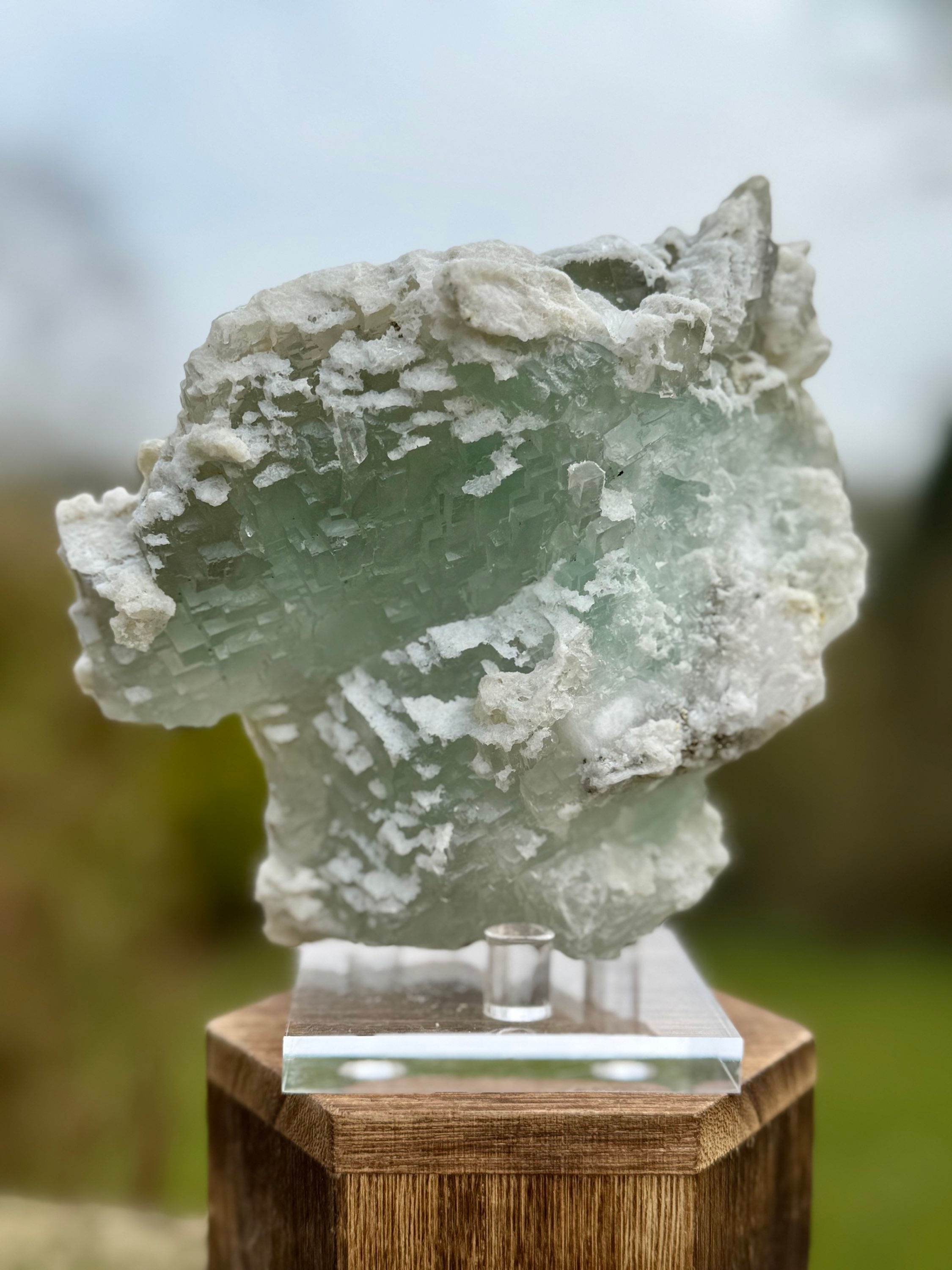 Green Fluorite Ladder Formation Display Piece with Calcite Coverage