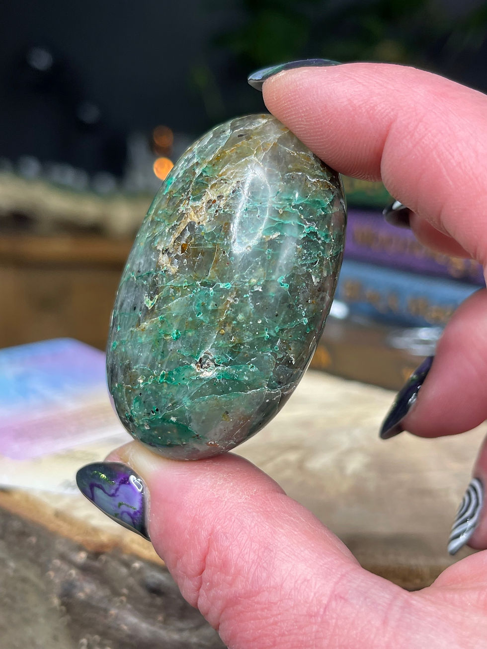 Thumbnail: Chrysocolla in Quartz Palm Stone Luck and Prosperity 