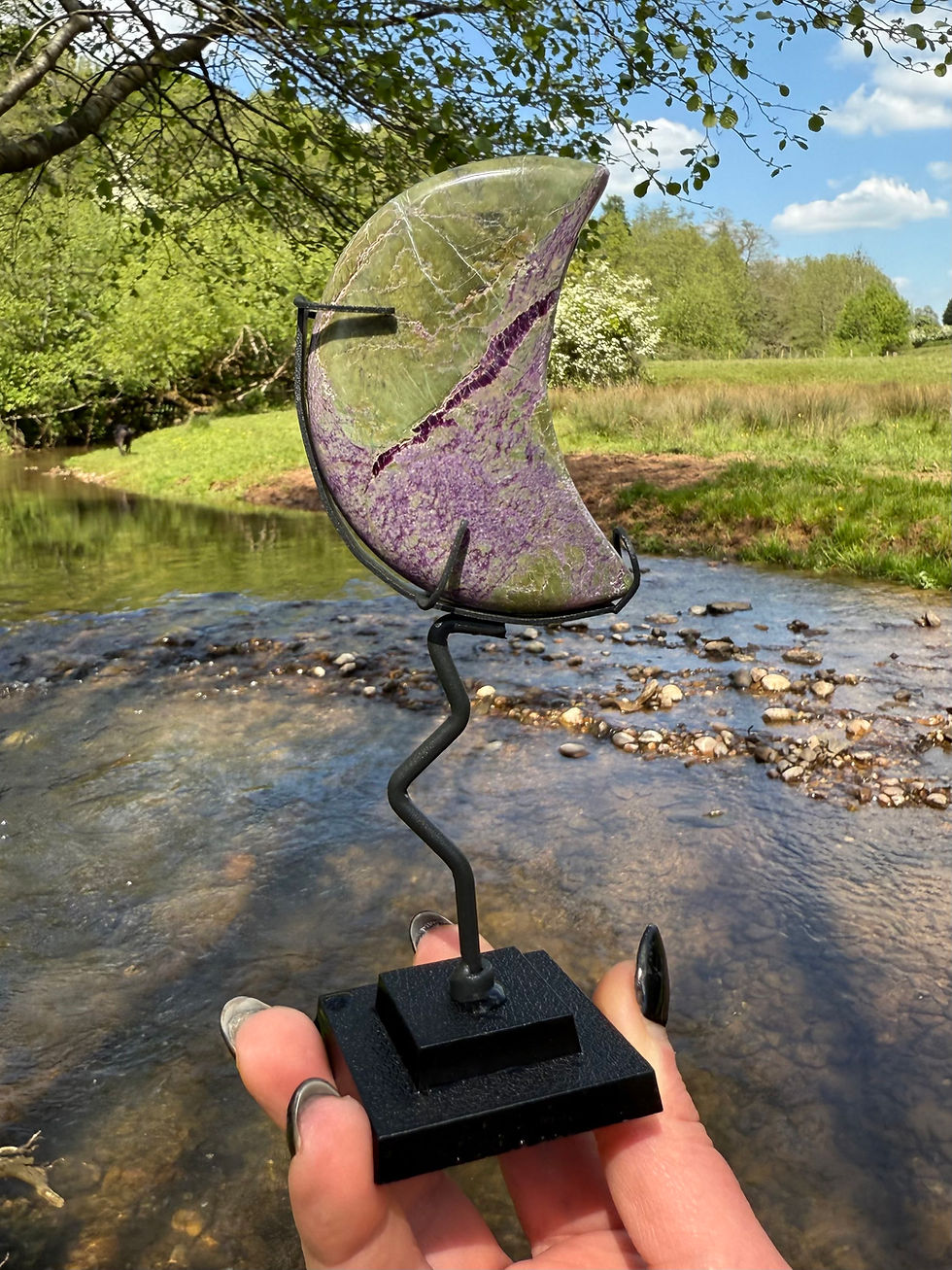 Thumbnail: Stichtite and Serpentine Atlantisite Crescent Moon in Stand 