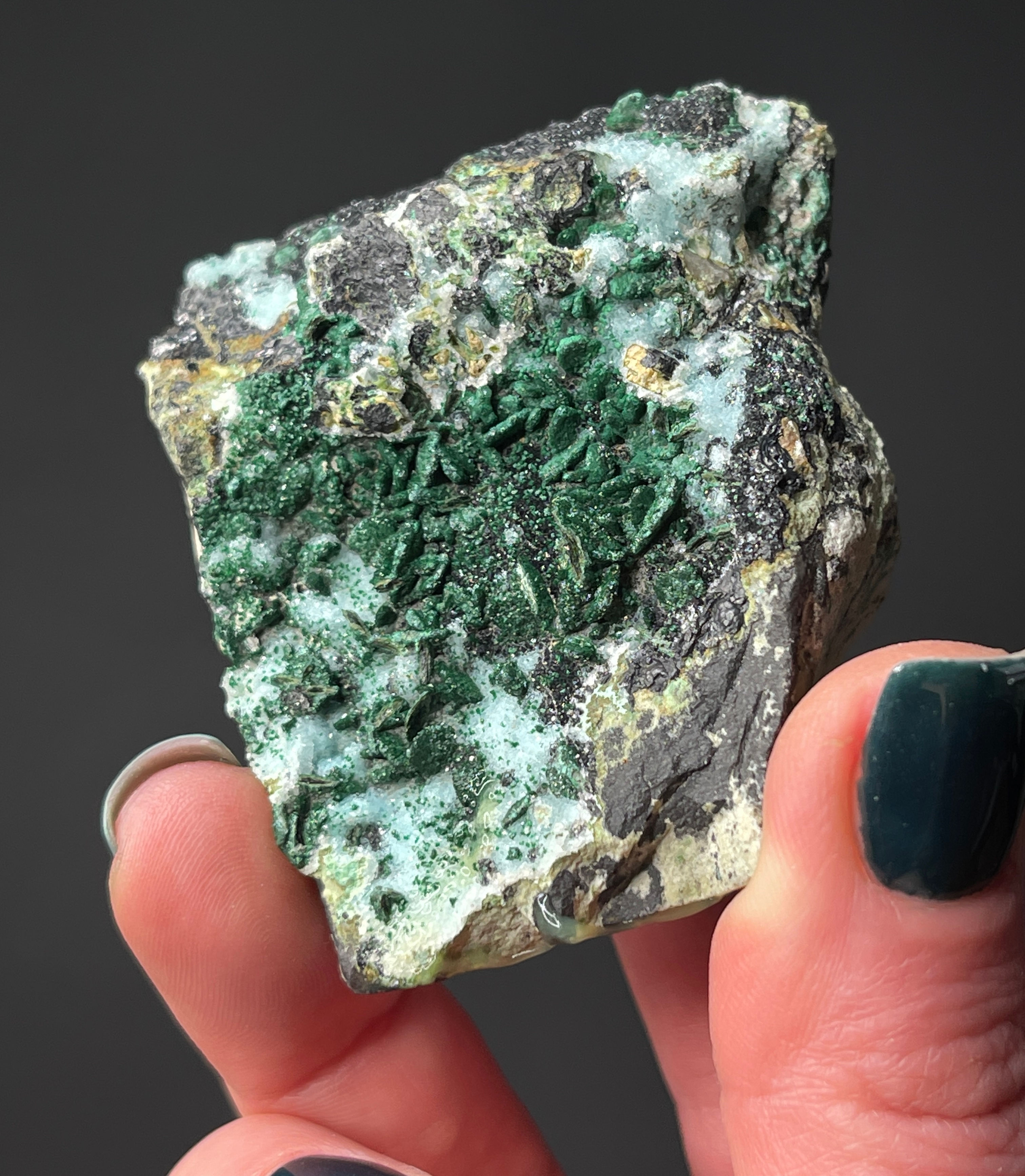 Malachite Blades Formed on Druzy Chrysocolla Matrix