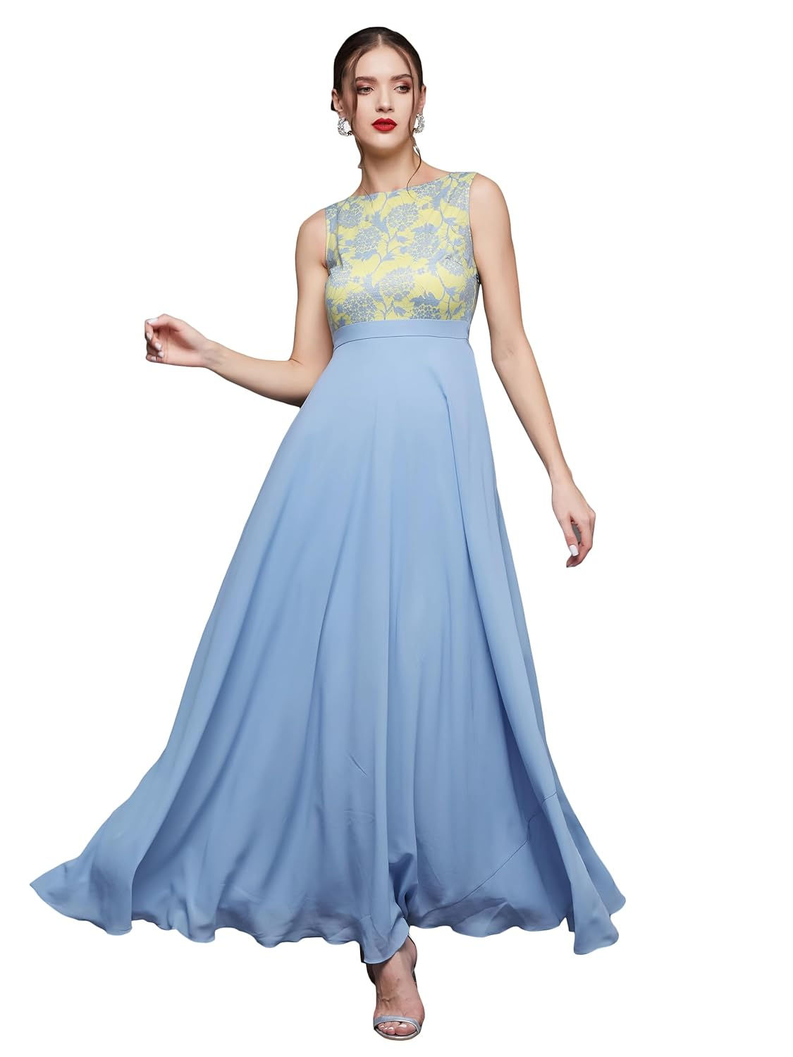 Miss Chase Women's Brick Red & Dusty Green Boat Neck Sleeveless Self Design Lac