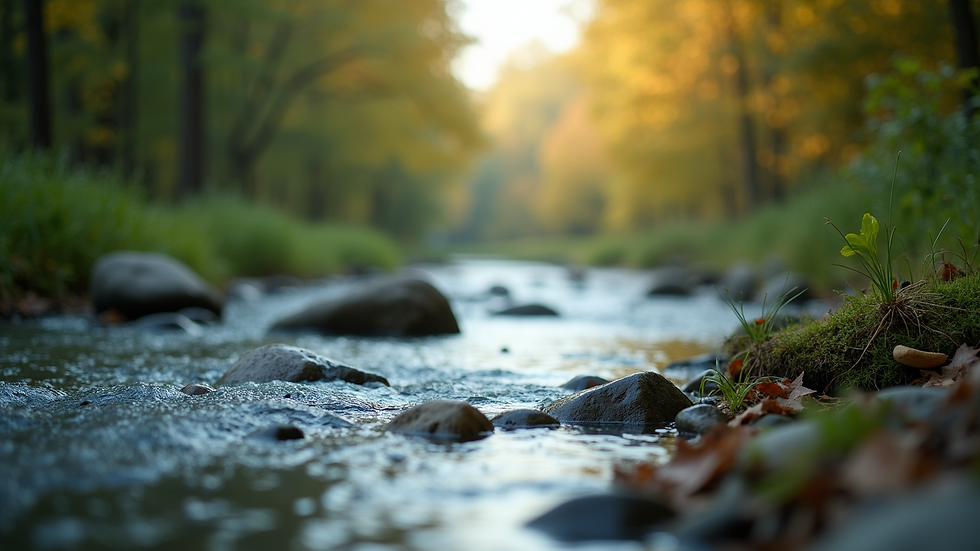 Eye-level view of a serene nature scene with a flowing river