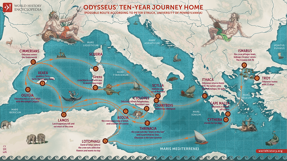 Möguleg ferð Ódysseifs skv. Peter Struck - Simeon Netchev (https://www.worldhistory.org/image/15906/map-of-odysseus-10-year-journey-home/)