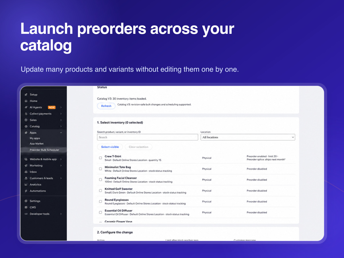 Preorder Bulk Scheduler primary marketing image — Apps for Stores app on the Wix App Market